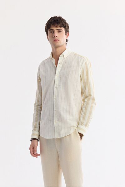 Avva Men's Beige Comfort Fit Button Collar Striped Long Sleeve Shirt A51Y2035