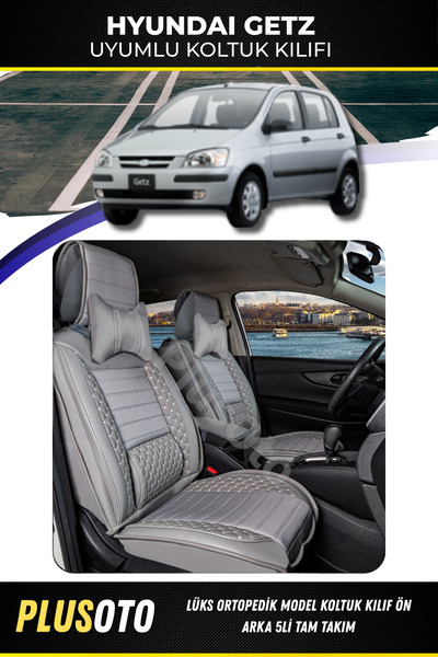 PlusOto Hyundai Getz Uyumlu Plus Lux Serisi Gri Oto Koltuk Kılıfı 5li Takım S...