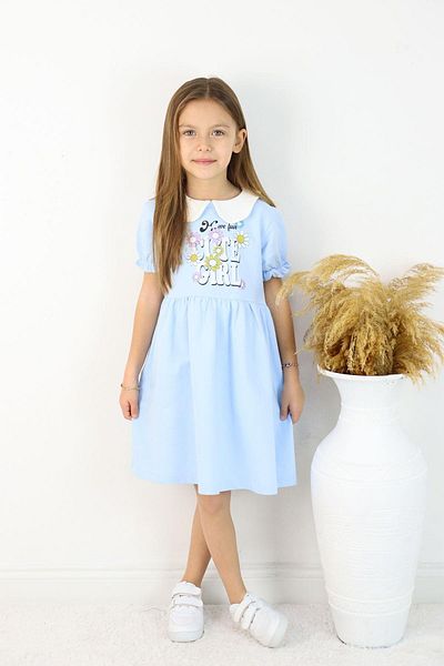 Çocuksan Baby&Kids Wear Rochie cu mânecă scurtă pentru fetiță, albastră, cu guler pentru bebeluși – Rochie de vară casual din bumbac, elegantă și confortabilă