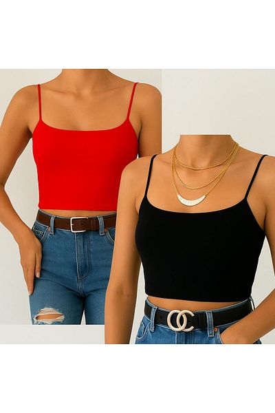ŞİNDO GİYİM Lined Crop Bustier Blouse with Rope Straps Black and Red Set of Two