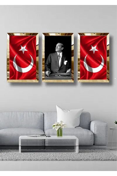 NT Handmade Set of 3 Gold Plexi Framed Paintings Ataturk and Turkish Flag