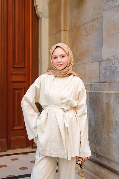 LOCCO Women's Double Breasted Collar Linen Suit Cream