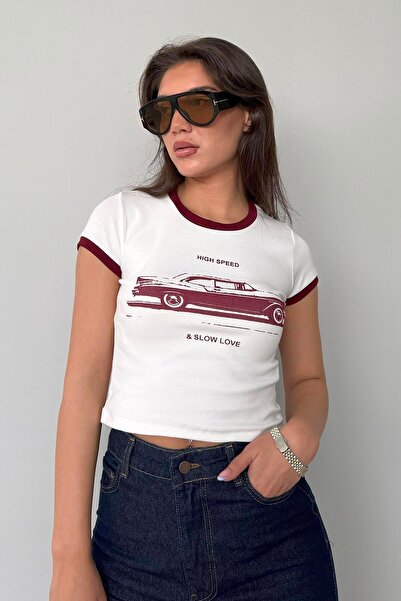 Madmext Γυναικείο T-Shirt με λευκό εμπριμέ ριμπ Mg2449