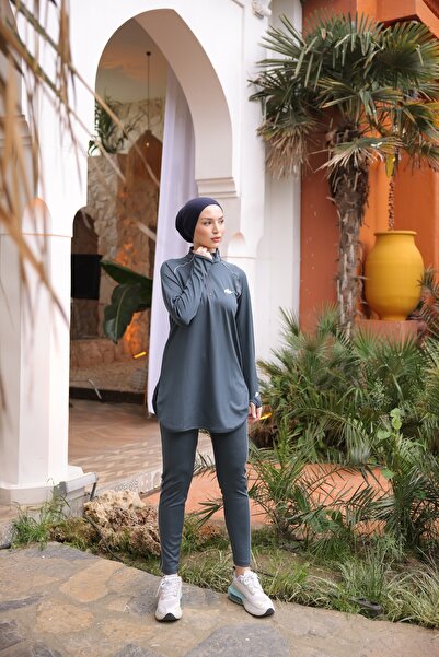 Wovi Kadın Yarım Fermuarlı Dalgıç Kumaş Kalıp Jogger Tesettür Mayo Kapalı