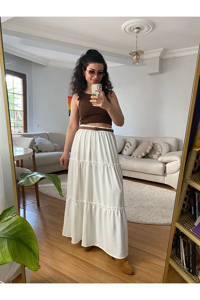 ronox Women's Summer Aerobin Fabric Elastic Waist Pleat Detailed High Waist Bohemian Style Long Skirt