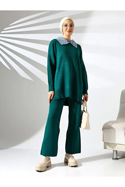 HİJABAYA Denim Shirt Collar Knitwear Set