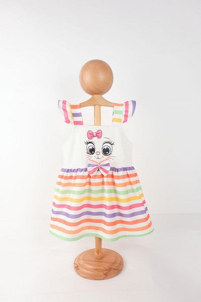 Çocuksan Baby&Kids Wear Κοριτσίστικο καλοκαιρινό φόρεμα με πολύχρωμο ριγέ λουράκι 2-5 ετών με χαριτωμένο φιόγκο με σχέδιο γάτας