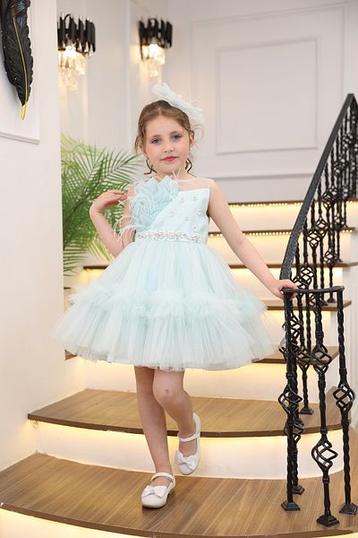 MİSS RAİN Frill Front Fur Stone Detail Girl's Evening Dress with Accessories Gift