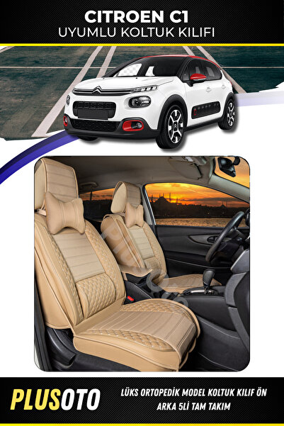 PlusOto مجموعة أغطية مقاعد السيارة باللون البيج المتوافقة مع Citroen C1 Plus ...