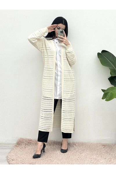 HİJABAYA Openwork Patterned Long Cardigan