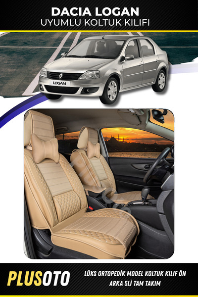 PlusOto مجموعة غطاء مقعد السيارة باللون البيج المتوافق مع سلسلة Dacia Logan P...
