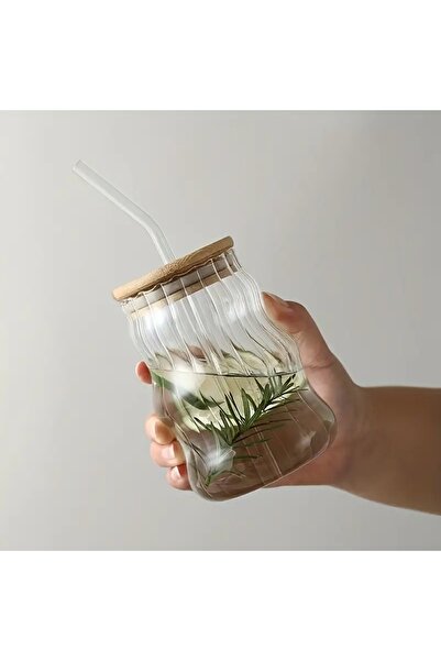 CİHO غطاء زجاجي من الخيزران مع شفاطة 500 مل عصير كوكتيل قهوة شاي عصير ليمون ز...