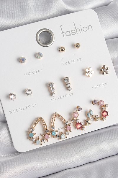 Clariss Brass Gold Color Zircon Stone Drop Model Star Detailed 7 Pairs Women's Earring Set