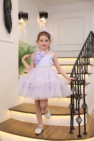 MİSS RAİN Frill Front Fur Stone Detail Girl's Evening Dress with Accessories Gift
