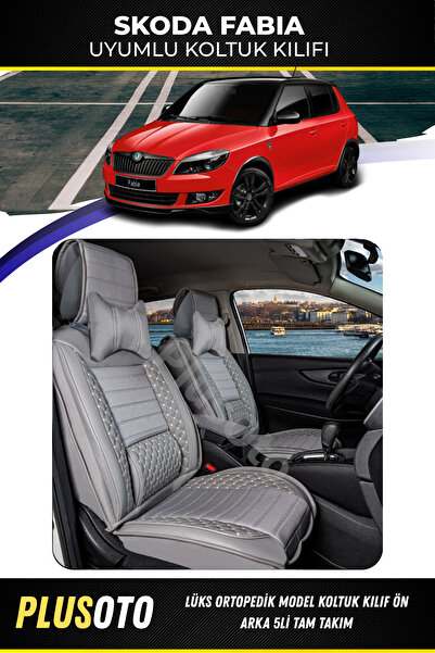 PlusOto طقم أغطية مقاعد السيارة باللون الرمادي المتوافق مع سلسلة سكودا فابيا ...