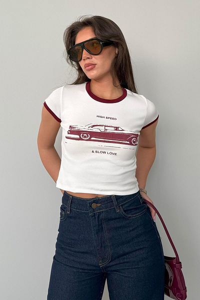 Madmext White Printed Ribbed Women's T-Shirt Mg2449