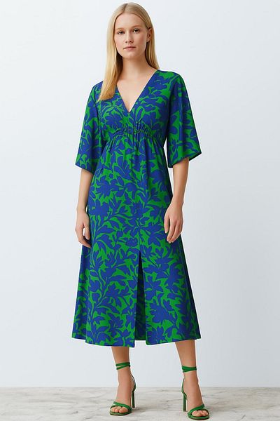 HAKKE Floral Patterned Midi Length Dress with Slit Detail