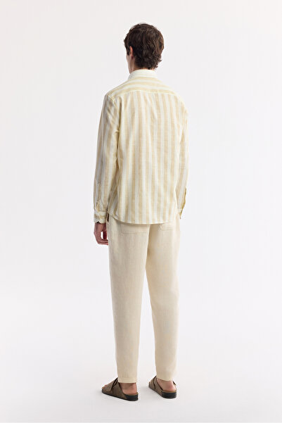 Avva Men's Beige Buttoned Collar Striped Linen Blend Comfort Fit Shirt A51Y2035