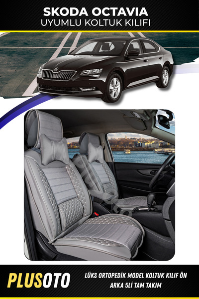 PlusOto طقم غطاء مقعد سيارة رمادي متوافق مع سلسلة سكودا أوكتافيا بلس لوكس مكو...