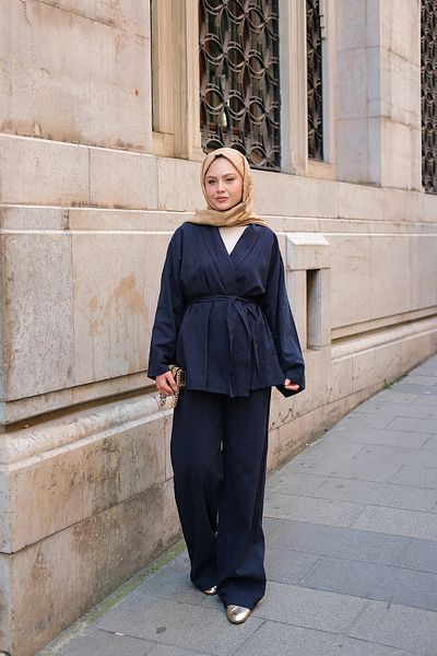 LOCCO Women's Double Breasted Collar Linen Suit Navy Blue