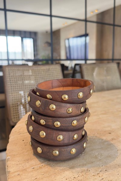 Ogia Concept Ginger Chocolate Wooden Presentation Gold Bowl 11 cm (Snack Bowl - Turkish Delight Bowl) Set of 2