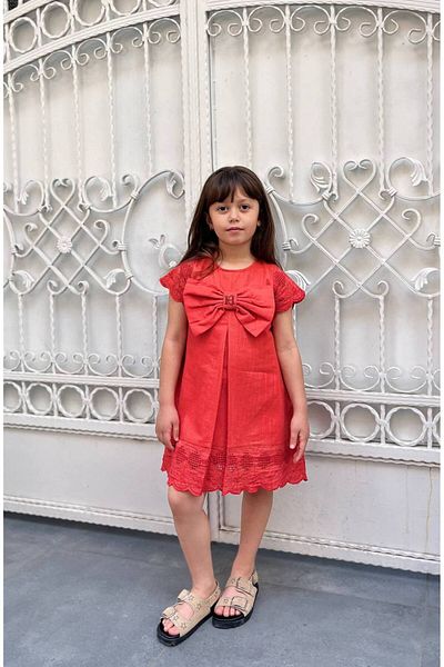 HÇ Hülya Çelik KİDSWEAR 2018 Girl's Pomegranate Flower Cotton Linen Dress