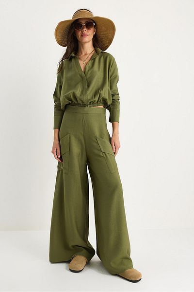 Bianco Lucci Women V Neck Elastic Waist Crop Pocket Detail Loose Pants Set Bottom-Top B2199 60283369