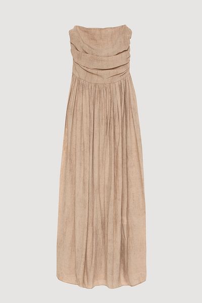Quzu Rochie midi plisată fără bretele cu drapaj Bej