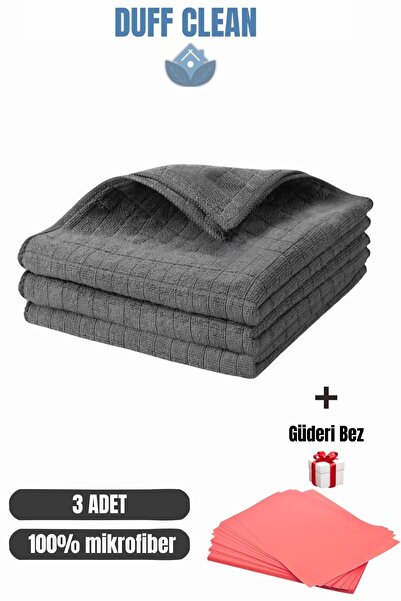 DUFF CLEAN ( 3 Adet ) Mikrofiber Mutfak Bezi Gri Renk 40*40 Cm 1 Adet Güderi Bez Hediye