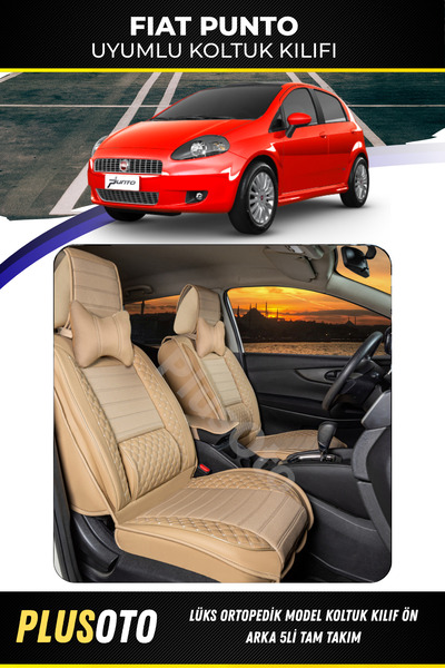 PlusOto مجموعة أغطية مقاعد السيارة باللون البيج المتوافقة مع سلسلة Fiat Punto...