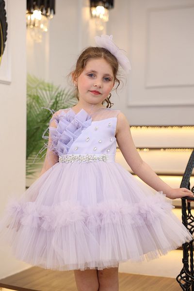 MİSS RAİN Frill Front Fur Stone Detail Girl's Evening Dress with Accessories Gift