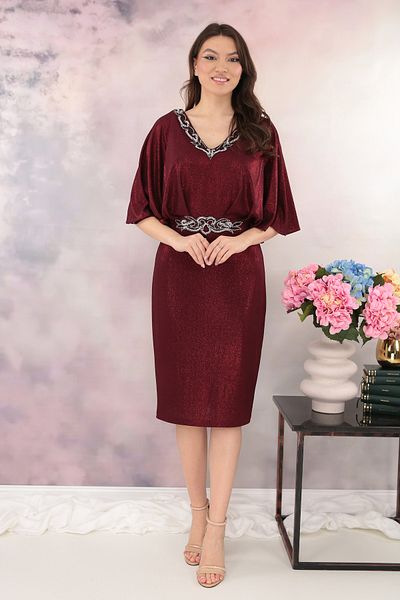 cupper Burgundy occasion dress with rhinestones at the waist and neckline