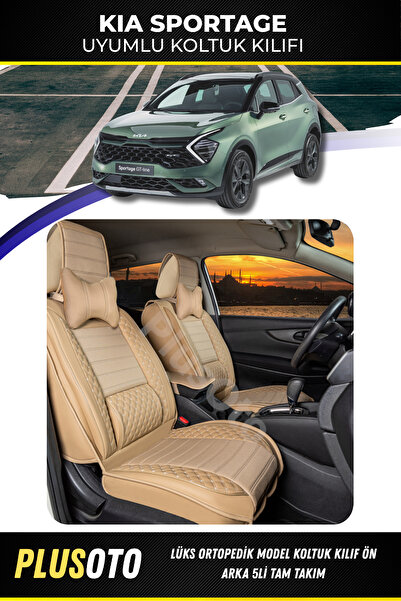 PlusOto مجموعة أغطية مقاعد السيارة باللون البيج المتوافقة مع سلسلة Kia Sportage Plus Lux مكونة من 5 قطع P-52