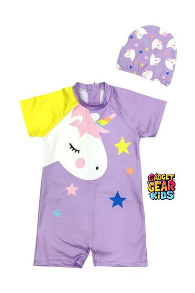 Gadget Gear Short Sleeve Girls Swimsuit with Bonnet Print Detail