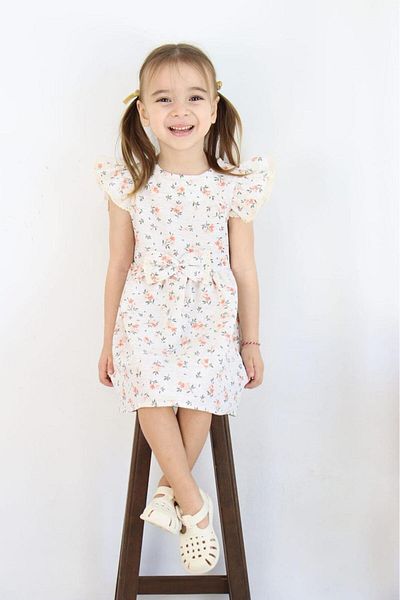 Çocuksan Baby&Kids Wear Rochie de vară cu flori de somon pentru fete - rochie casual cu mâneci scurte 3-6 ani