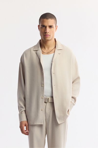 Avva Men's Beige Apaj Collar Modal Blended Long Sleeve Shirt A51Y2092