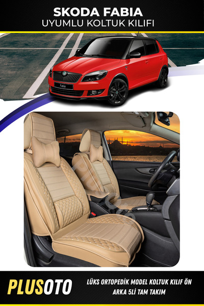 PlusOto طقم أغطية مقاعد السيارة باللون البيج المتوافق مع سلسلة سكودا فابيا بل...