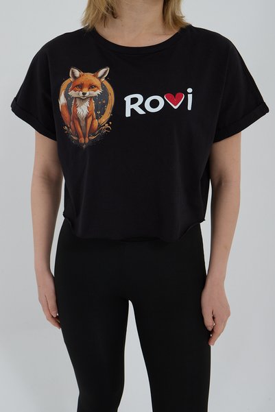 ROVİ SİYAH ROVİ BASKILI KADIN PENYE CROP