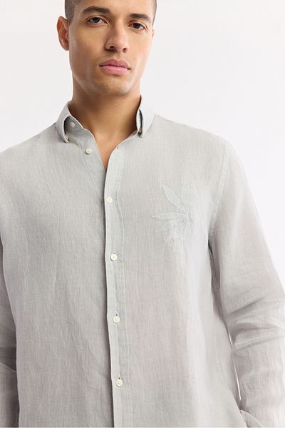 Avva Men's Gray Bottomed Brit Collar 100% Linen Long Sleeve Shirt with Embroidery Detail A51Y2145