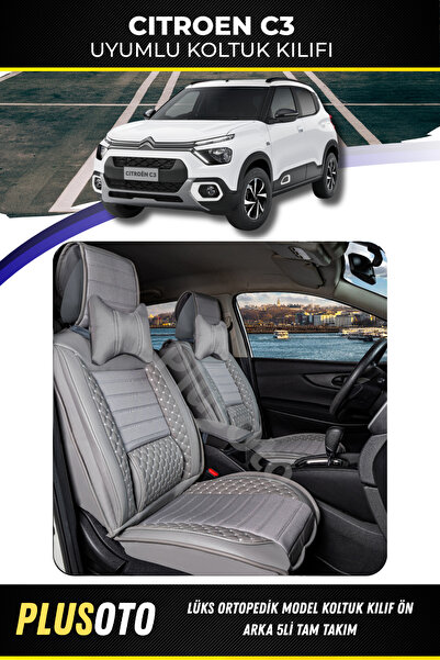 PlusOto مجموعة أغطية مقاعد السيارة باللون الرمادي المتوافقة مع Citroen C3 Plu...