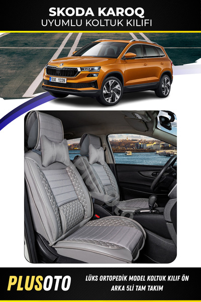 PlusOto طقم غطاء مقعد سيارة رمادي متوافق مع سلسلة Skoda Karoq Plus Lux مكون م...