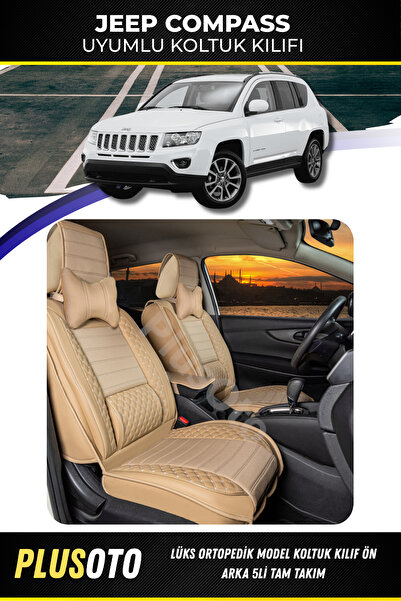 PlusOto مجموعة أغطية مقاعد السيارة باللون البيج المتوافقة مع Jeep Compass Plu...
