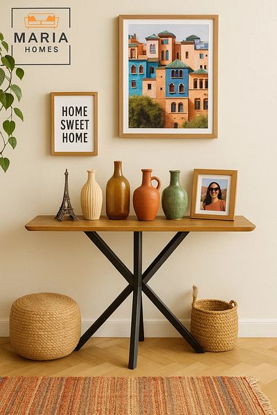 MARIA HOMES Modern Console Table 120x40x77cm with Black Metal Cross Legs and Wooden Top – Sleek Hallway Accent