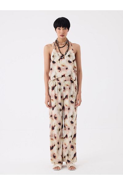 RİVUS Floral Patterned Wide Leg Trousers with Elastic Waist - Beige Patterned