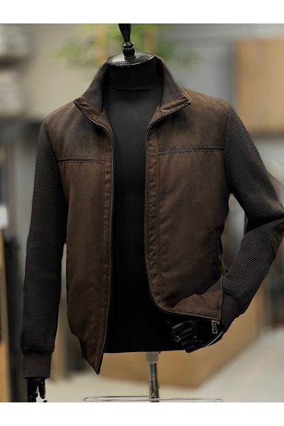 SAVARA Men's Coat - Regular Fit, Steel Knitted Style, Knitted (Lined), Nubuck Suede Fabric