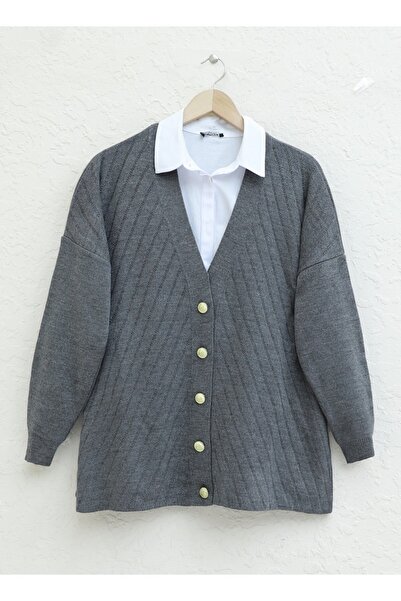 HİJABAYA Cross Striped Brooch Buttoned Knitwear Cardigan