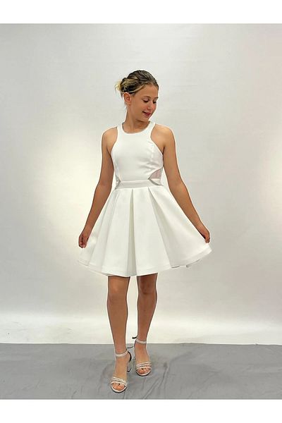 Erkut Girls' Crepe Fabric Cream Color Short Evening Dress