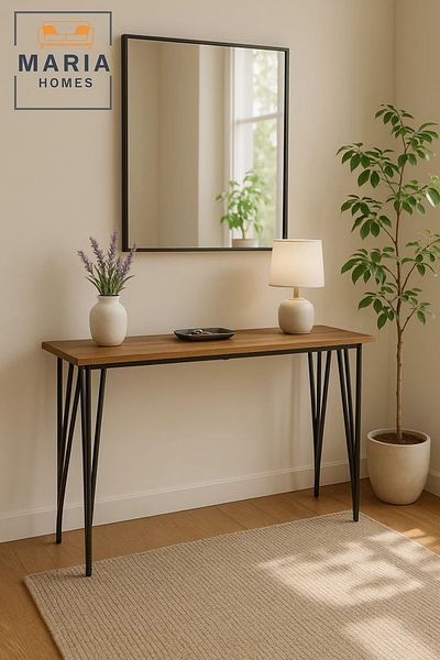 MARIA HOMES Modern Console Table 120x40x80cm – Slim Wood Top with Geometric Black Metal Frame