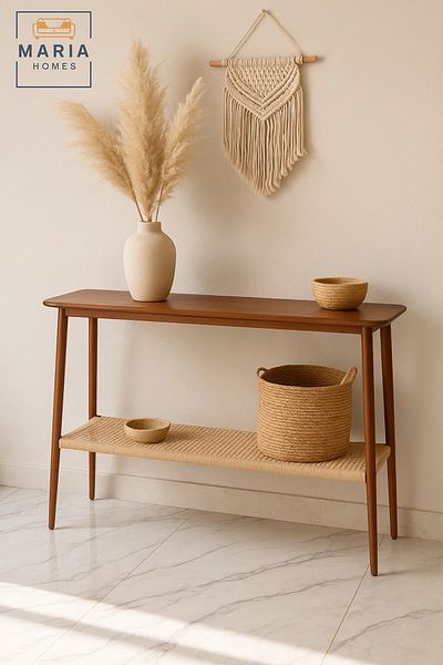 MARIA HOMES Wooden Console Table with Woven Shelf 120x40x75cm – Mid-Century Entryway Storage Accent Table