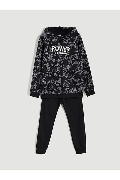 LC Waikiki Lcw Kids Black Hooded Boys Tracksuit Set